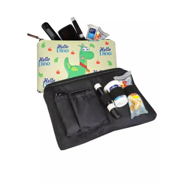 Zipper bag for diabetics featuring dino design with compartments for glucose meter and supplies.