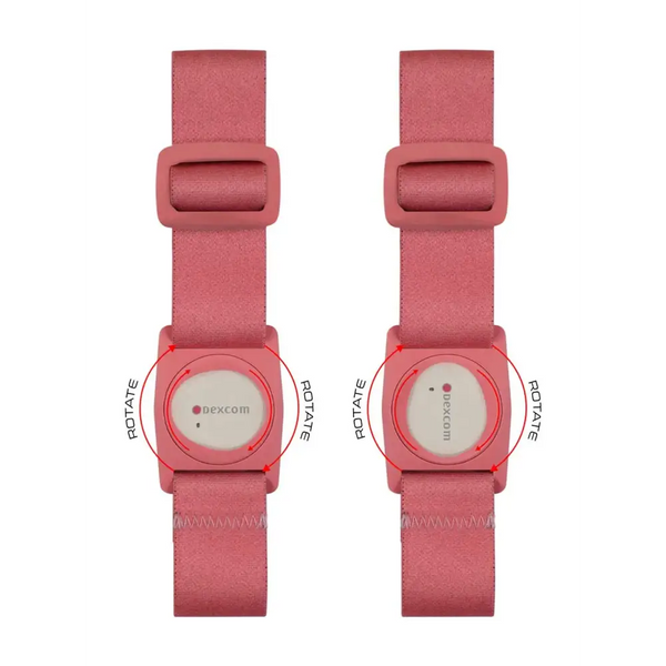 Dexcom G7 armband with rotating clip in Barbie edition pink, featuring secure adjustable fit and precise sensor alignment.