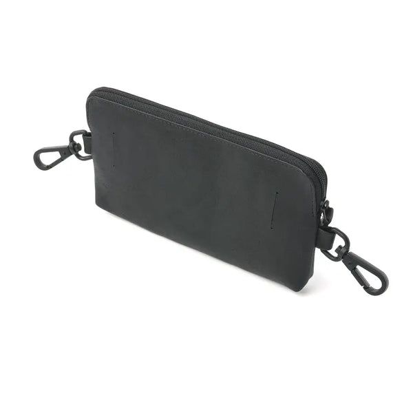 Stylish black leather insulin pump waist pack with hooks and zippered pockets.