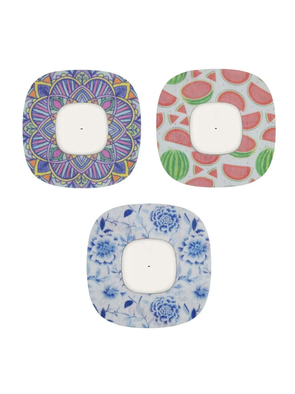 Simplera Sensor Patches featuring vibrant mandala, watermelon, and floral designs in a pack of three, skin-safe and secure.