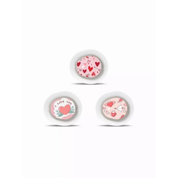 Dexcom G7 Sensor Stickers - Valentine Edition 2024 with heart and love-themed designs, set of 3.