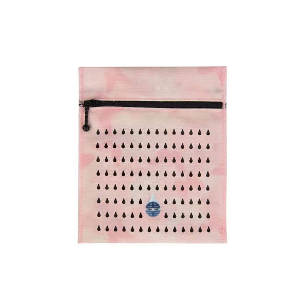 Insulin cooling wallet for vials or eye drops, featuring pink and black raindrop design with zipper closure.