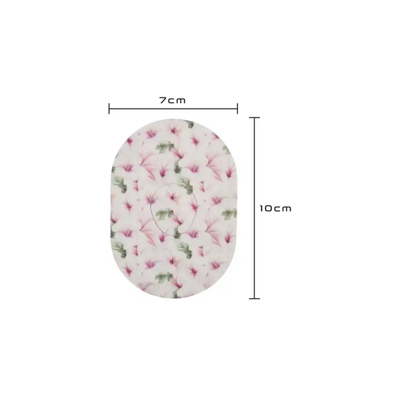 Dexcom G7 spring-themed adhesive sensor patch with floral design, 7cm x 10cm, for secure and stylish sensor protection.