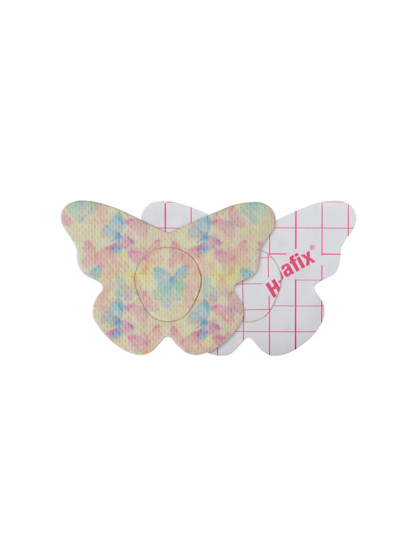 Dexcom G7 butterfly shape patch front and back view, showing printed fabric and adhesive side for sensor support