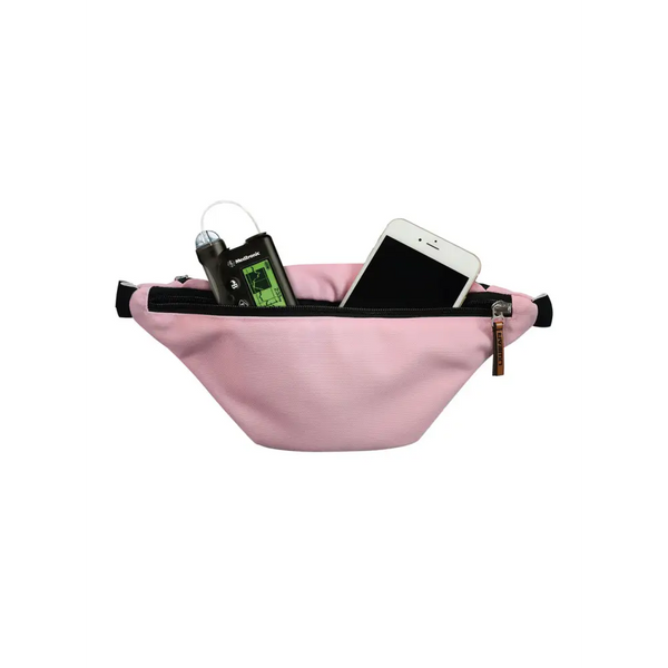 Pink Dia-Fanny Pack with electronic devices for diabetic supplies and insulin pump