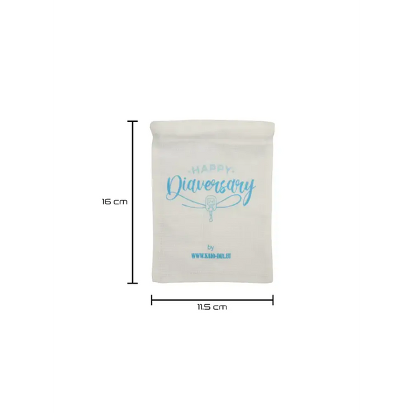 Kaio-Dia Diaversary Medium Gift Bag with 'Happy Diaversary' design, 11.5 cm x 16 cm, made from eco-friendly cotton.