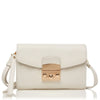 White feminine leather shoulder bag for diabetics with gold clasp and adjustable strap