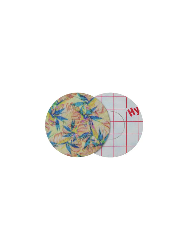 freestyle libre 3 overpatch with tropical design front and back view showing full adhesive coverage and patch shape