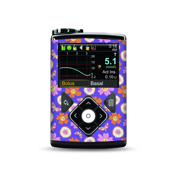 Medtronic MiniMed insulin pump with vibrant floral sticker design, Spring Edition 2025.