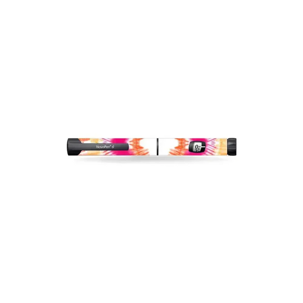 Summer Vibes colorful insulin pen sticker on NovoPen 4 for personalized diabetes management