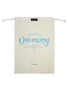 Kaio-Dia Diaversary Shoe Bag with 'Happy Diaversary' design, front view showing drawstring closure. Durable cotton material with light blue diabetes-inspired print.