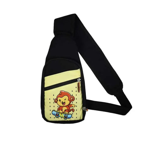 Black and yellow kids shoulder bag with insulin cooling system and monkey skateboard design