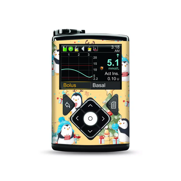 Medtronic MiniMed Insulin Pump with yellow penguin skin and digital display screen