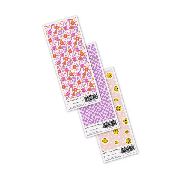 Y2K collection stickers for InPen insulin pen featuring floral, chessboard, and smiley designs.