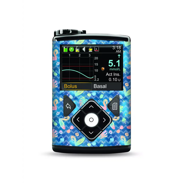 Medtronic MiniMed pump with vibrant Summer Edition sticker design.