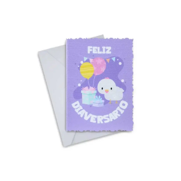 Diaversary greeting card featuring colorful balloons, gifts, and a duck on a purple canvas background with "Feliz Diaversario" text.