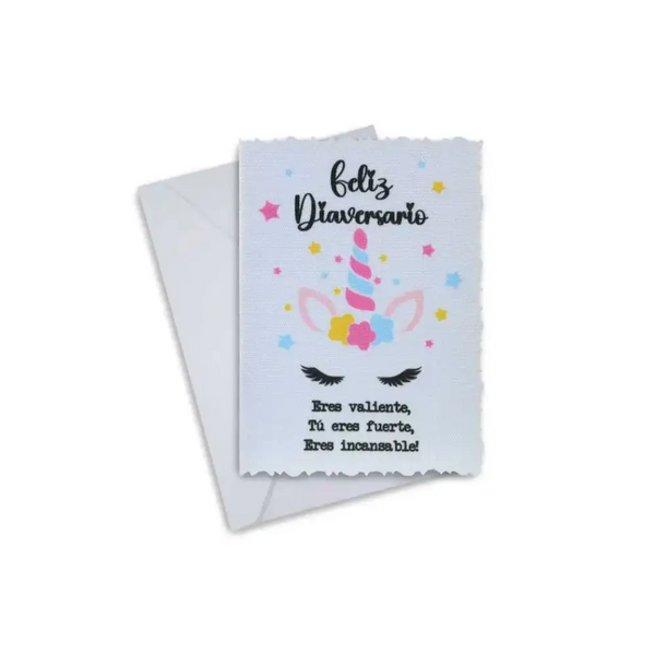 Inspiring Diaversary card with unicorn design and empowering Spanish message, includes envelope.