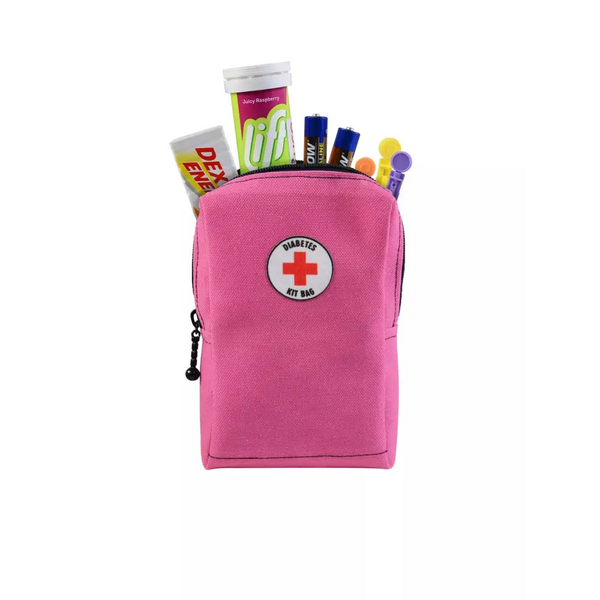 Mini Kit Bag for diabetics with supplies, pink design.