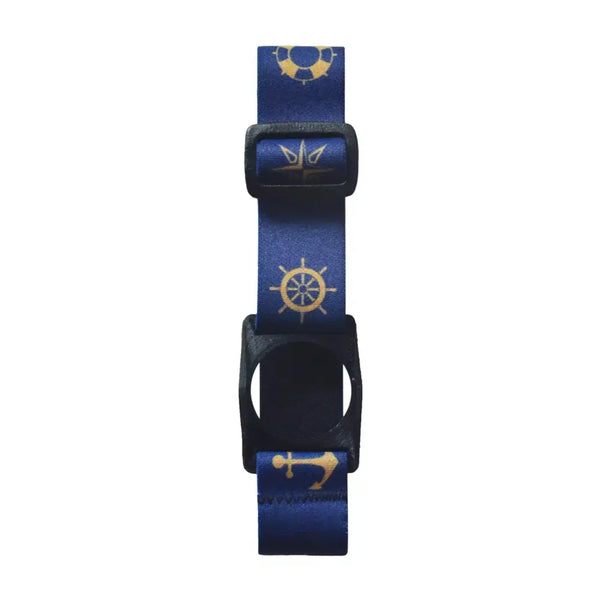 The Freestyle Libre 2 Armband with a nautical-themed blue and gold pattern, showcasing the adjustable strap and sensor holder.