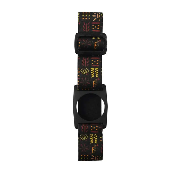 The Freestyle Libre 2 Armband with a colorful geometric pattern on a black background, showcasing the adjustable strap and sensor holder.