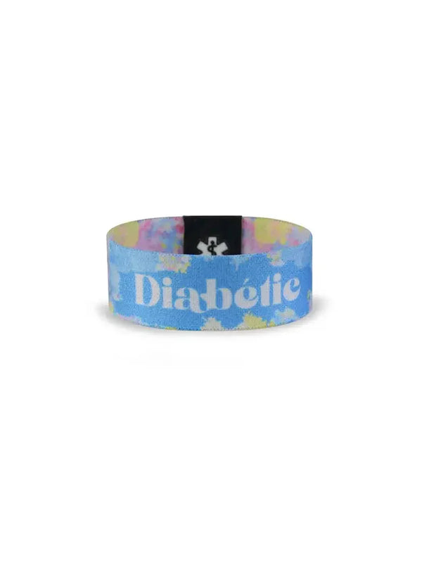 Reversible diabetes awareness wristband in vibrant summer colors displaying "Diabetic" text.