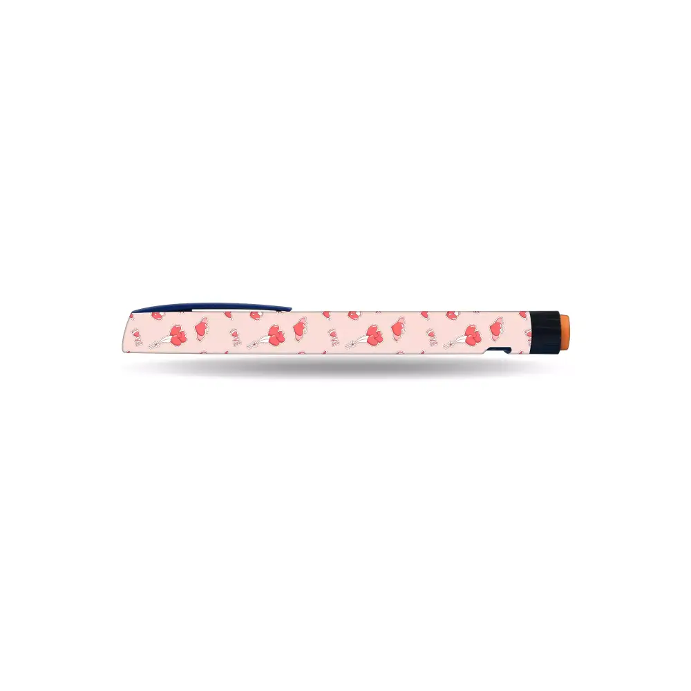 NovoRapid Flexpen insulin pen decorated with Valentine-themed love heart stickers