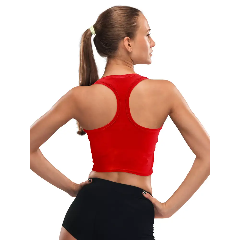 Woman wearing a red insulin pump adaptive crop top from the Dia-Crop Top collection, showcasing back design and comfort fit, ideal for managing diabetes stylishly.