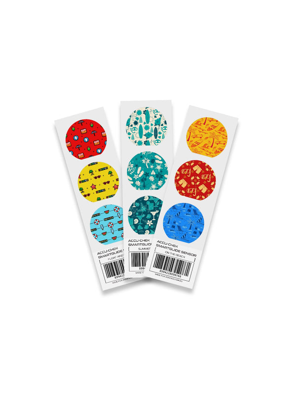 Three packs of Accu-Chek SmartGuide sensor stickers featuring Float & Chill, Summer Picnic and On the Beach designs.