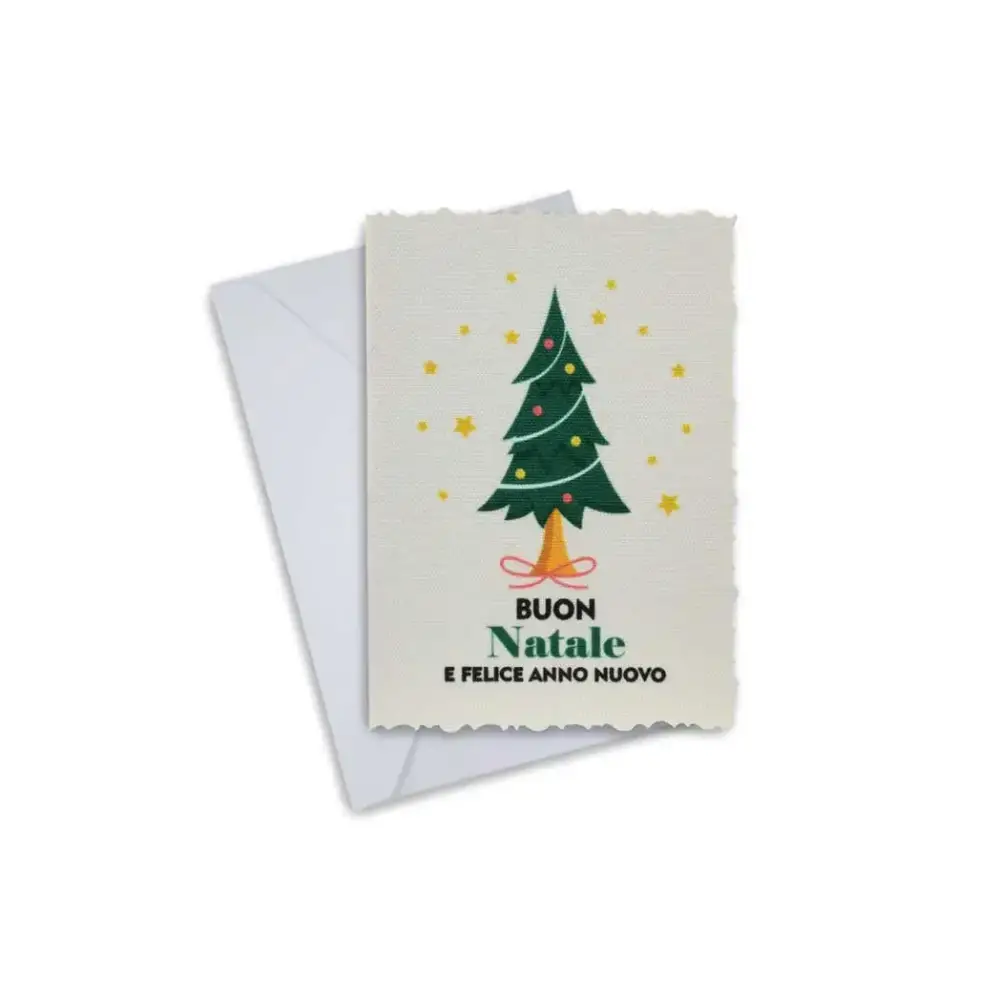 Elegant Christmas greeting card with festive tree design and envelope.