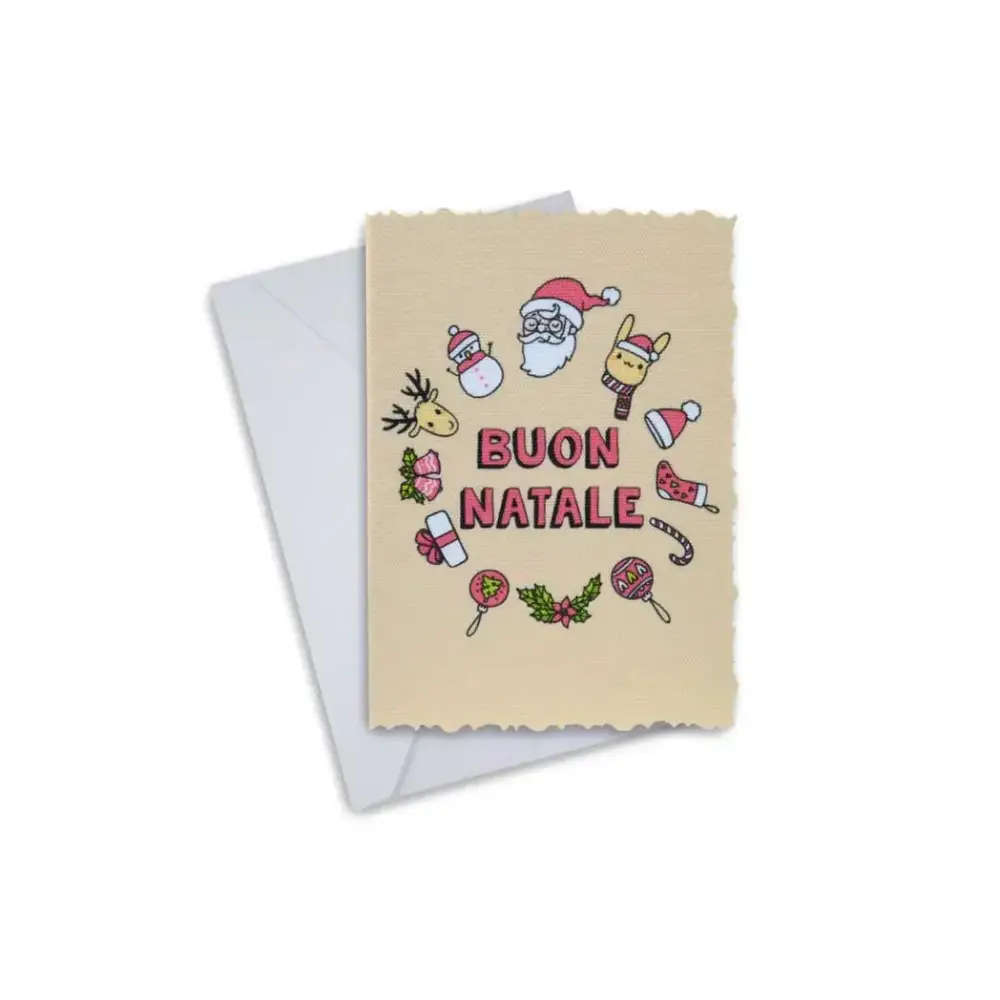 Elegant Christmas greeting card with festive icons and "Buon Natale" text, accompanied by an envelope.