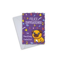 Inspiring Diaversary greeting card with colorful design and cartoon dog, featuring text "Felice Dianniversario."