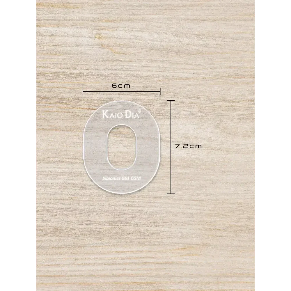 CGM Sensor Patch Template Kaio-Patch on wooden background with dimensions marked.