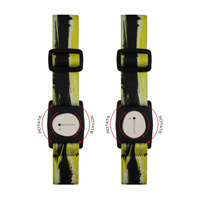 Two identical digital watches with black bezels and yellow-black patterned straps