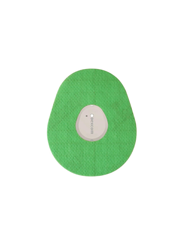 Dexcom G7 drop shape patch in green solid color, breathable adhesive overpatch to help support sensor wear
