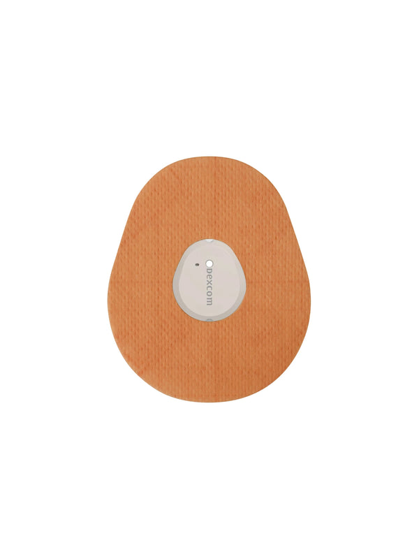 Dexcom G7 drop shape patch in orange solid color, breathable adhesive overpatch to help support sensor wear