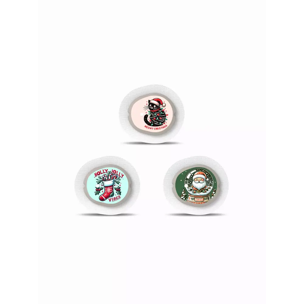 Three circular Christmas-themed Dexcom G7 Stickers for festive sensor decoration