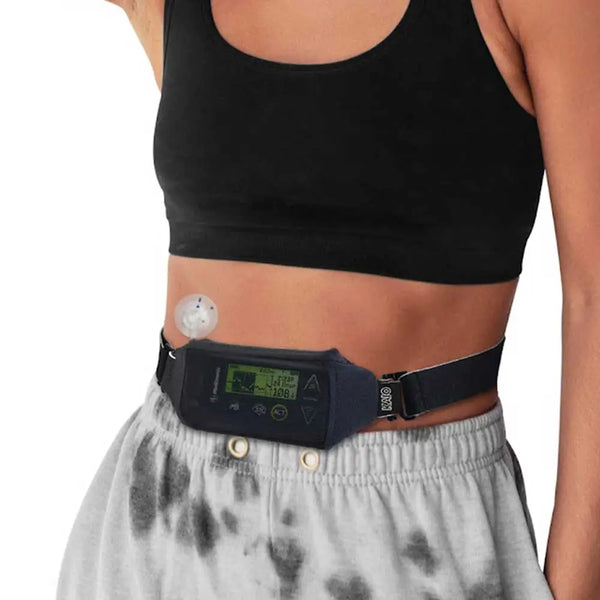 Insulin pump pouch with mesh window for easy access and monitoring, worn on waist; suitable for Medtronic, Tandem t:slim X2, and more.