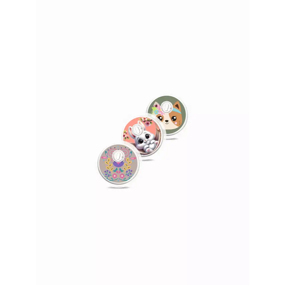 Libre 3 Sensor Stickers with spring floral and animal designs.