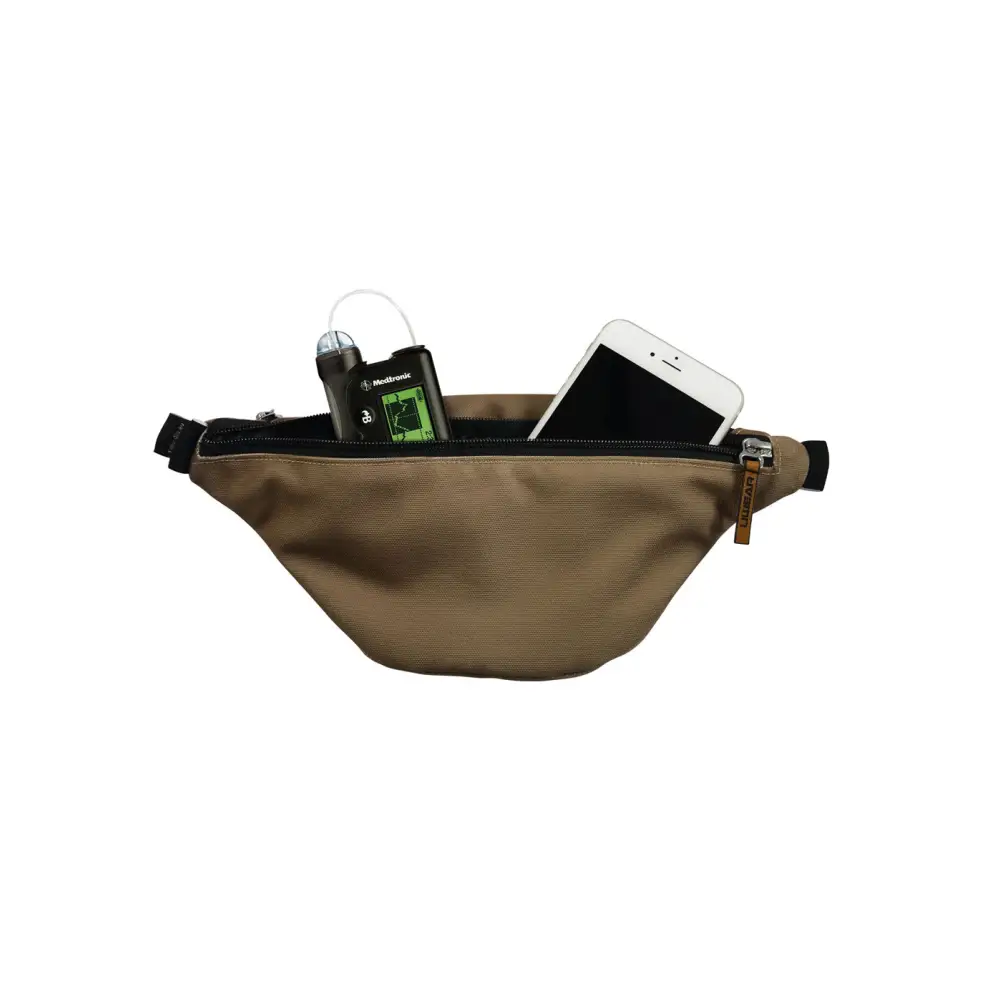 Tan Dia-Fanny Pack with electronic devices for diabetic supplies and insulin pump