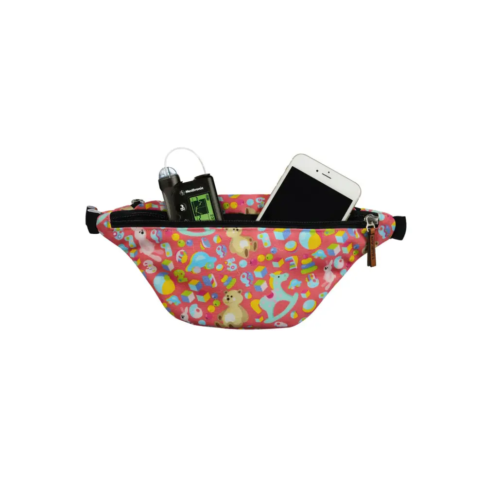 Pink Dia-Fanny Pack with colorful heart and rainbow pattern for diabetic supplies