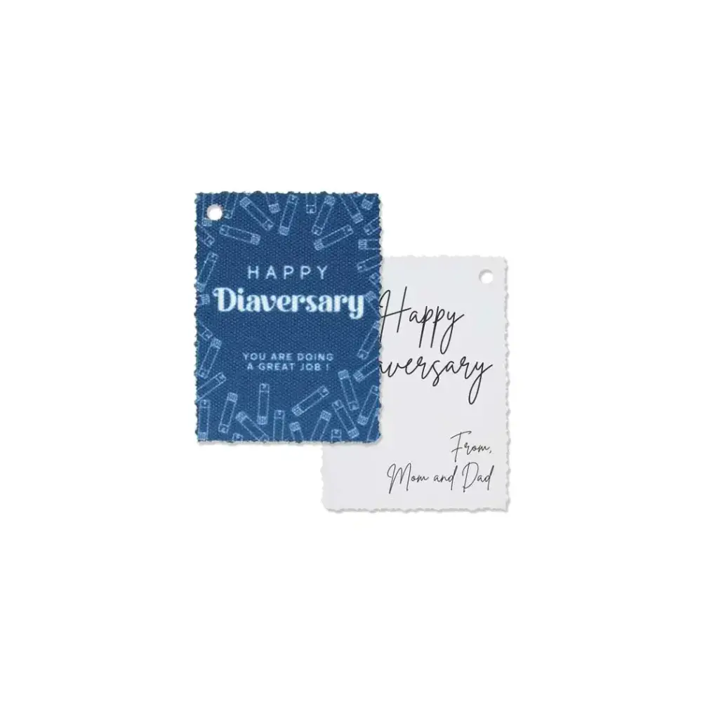 Diaversary gift tags with uplifting designs on blue and white canvas, pre-punched for easy attachment.