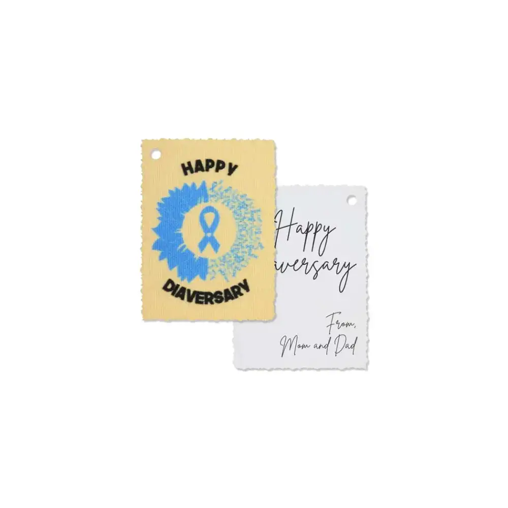 Diaversary gift tags with vibrant designs and heartfelt messages printed on canvas for diabetes anniversary celebration.
