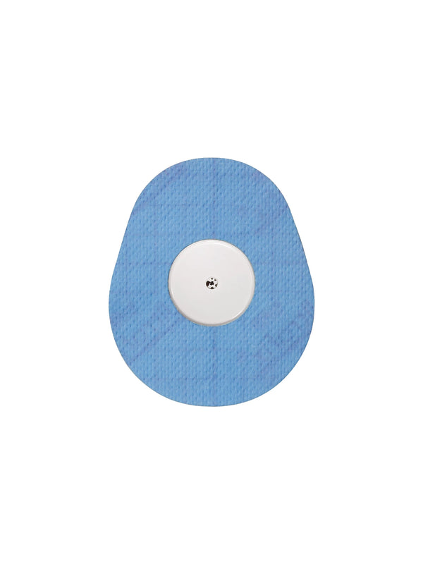 FreeStyle Libre 2 drop shape patch in blue solid color, breathable adhesive overpatch to help support sensor wear