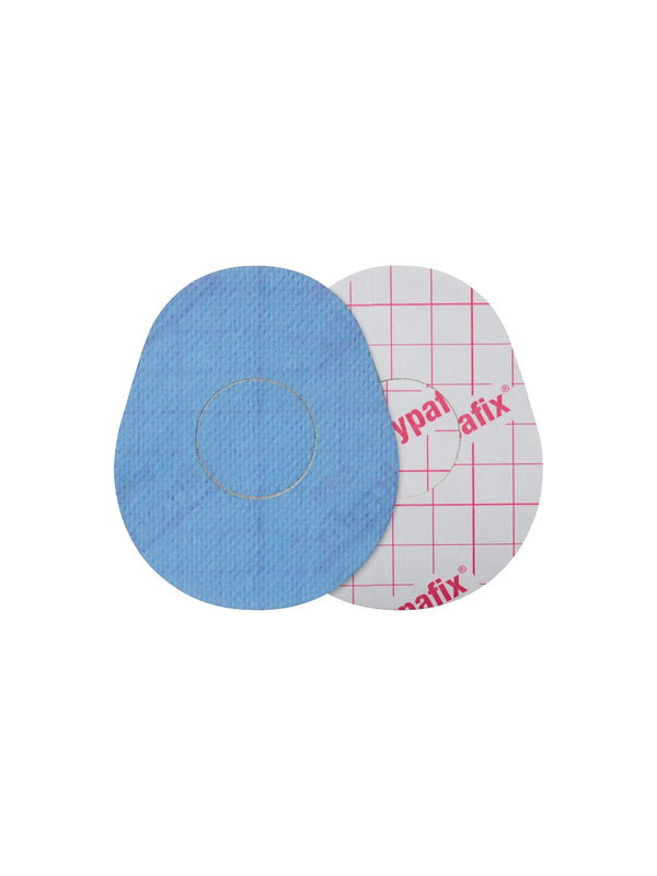 FreeStyle Libre 2 drop shape patch front and back view, showing printed fabric and adhesive side for sensor support
