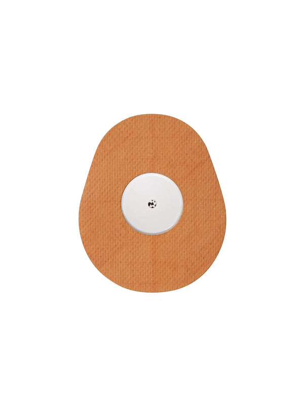 FreeStyle Libre 2 drop shape patch in orange solid color, breathable adhesive overpatch to help support sensor wear