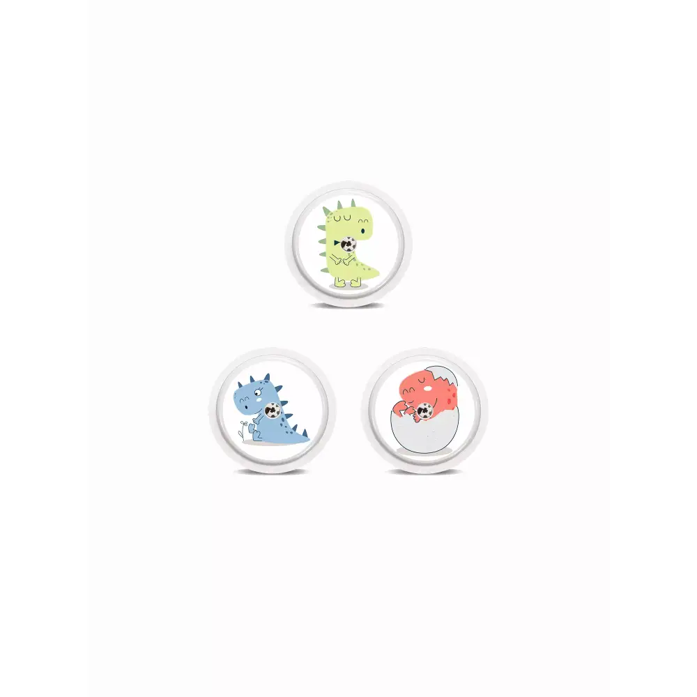 Freestyle Libre 2 Stickers in Fun Vibes Dino design. Personalize your sensor with dinosaur-themed stickers. 3 stickers per pack. Non-removable.