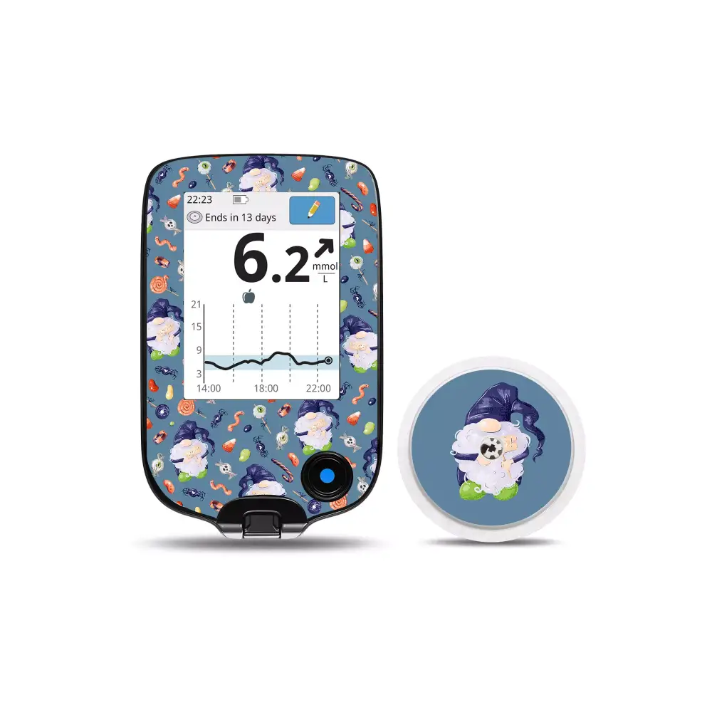 Freestyle Libre Halloween Edition reader and sensor with festive stickers.