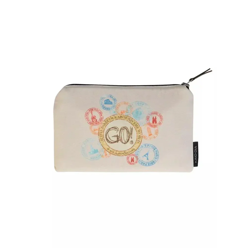 Zipper bag for diabetics with compartments for glucose meters and supplies.