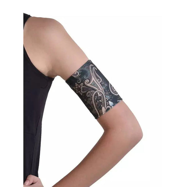 Ethnic print CGM armband for glucose sensor protection.