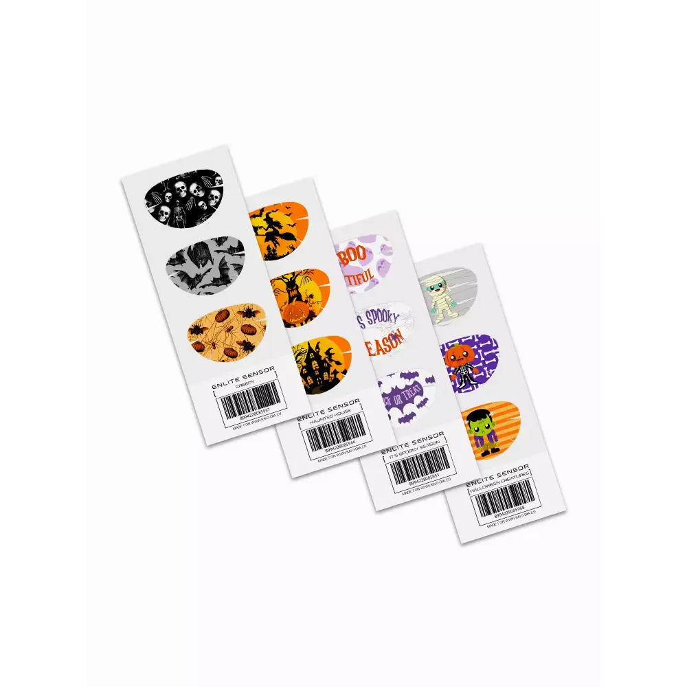 Guardian Enlite Halloween Stickers Sheets - Various designs featuring skeletons, bats, pumpkins, witches, and Halloween characters in vibrant colors.
